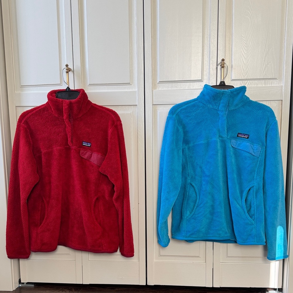 2 Patagonia Women's Re-Tool Snap T Pullover Fleece Sweatshirts - Red and Blue